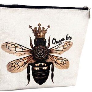 Golden Crowned Queen Bee Spacious Canvas Zippered Pouch Makeup Travel Bag New